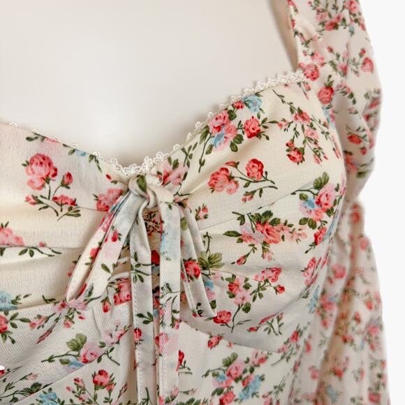 NWT WOVEN PINK Floral Puff Sleeve Mini Dress (Cream | Size S) - Picture 7 of 10